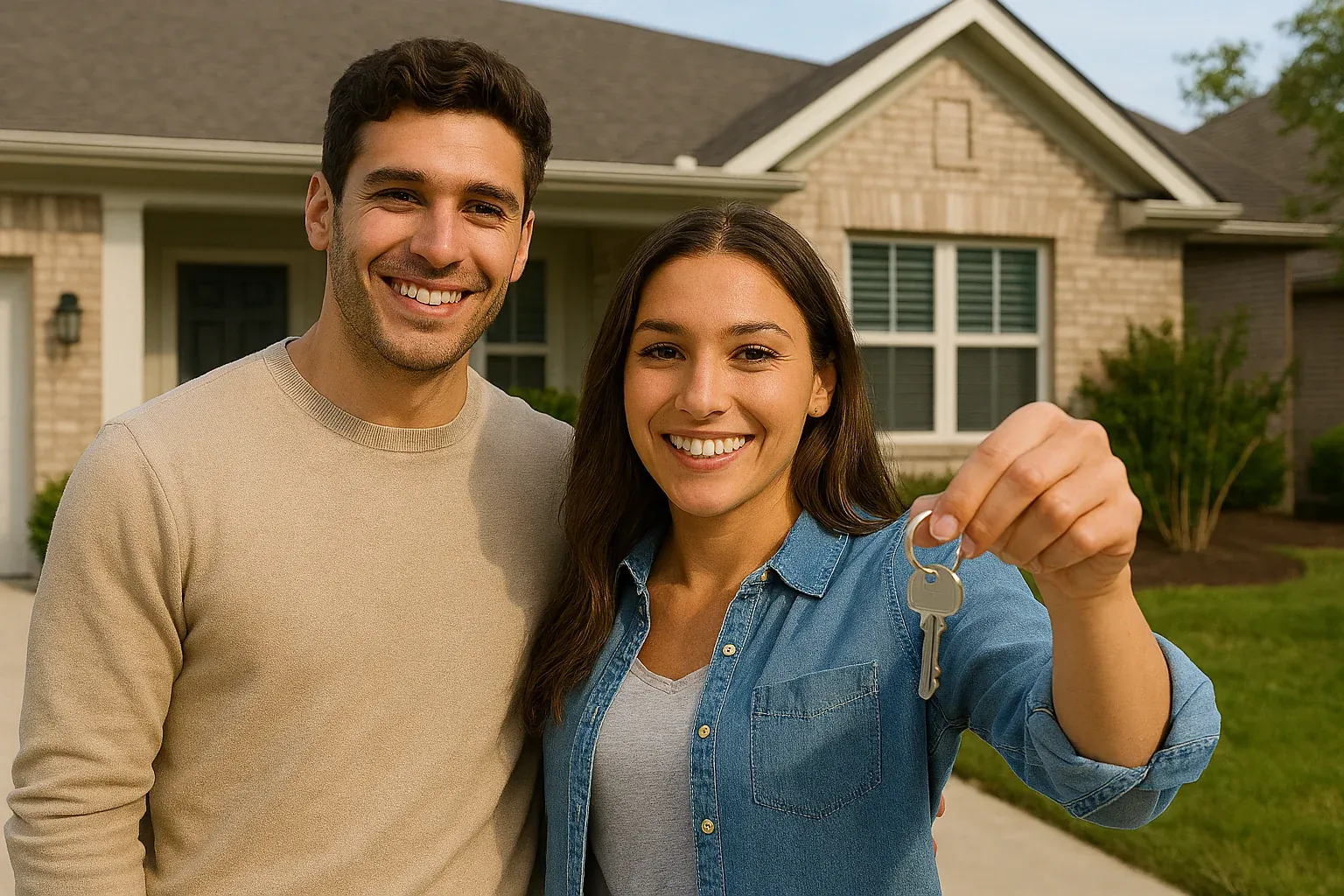 A young couple holding house keys in front of their new home, representing the first-time homebuying journey.