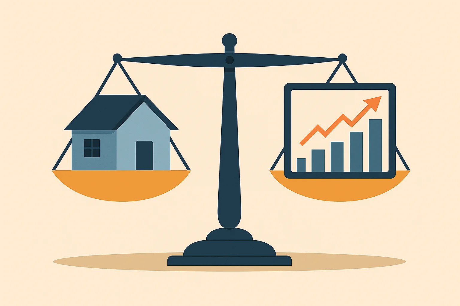 A balancing scale with a house icon on one side and a stock chart icon on the other, representing the choice between paying off a mortgage or investing.