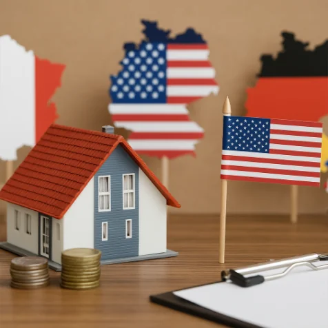 A stylized world map with house icons placed over different continents like North America, Europe, and Asia.