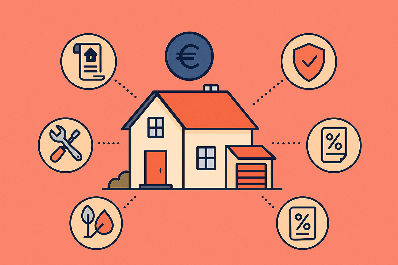 A magnifying glass hovering over a house, focusing on small icons representing taxes, insurance, and maintenance costs.