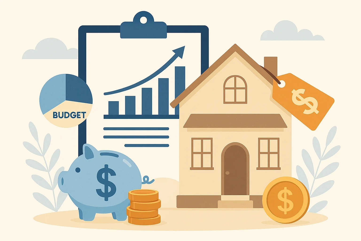 A person holding a key with a house-shaped tag in front of a piggy bank and stacks of coins, illustrating financial planning for a home.